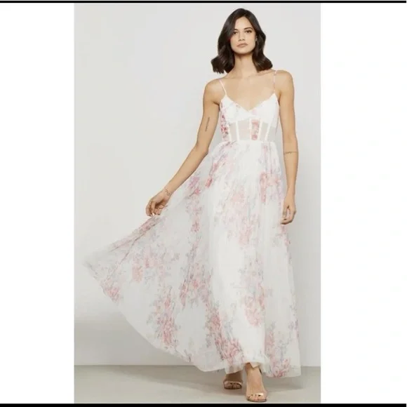 Bcbgmaxazria Womens Floral Maxi Evening Dress White 10 Bcbgmaxazria Womens Floral Maxi Evening Dress White 10